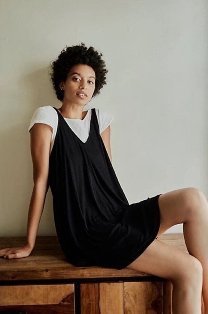 Free People Black Emmy Ribbed Knit Tank Knee Length Dress - Large